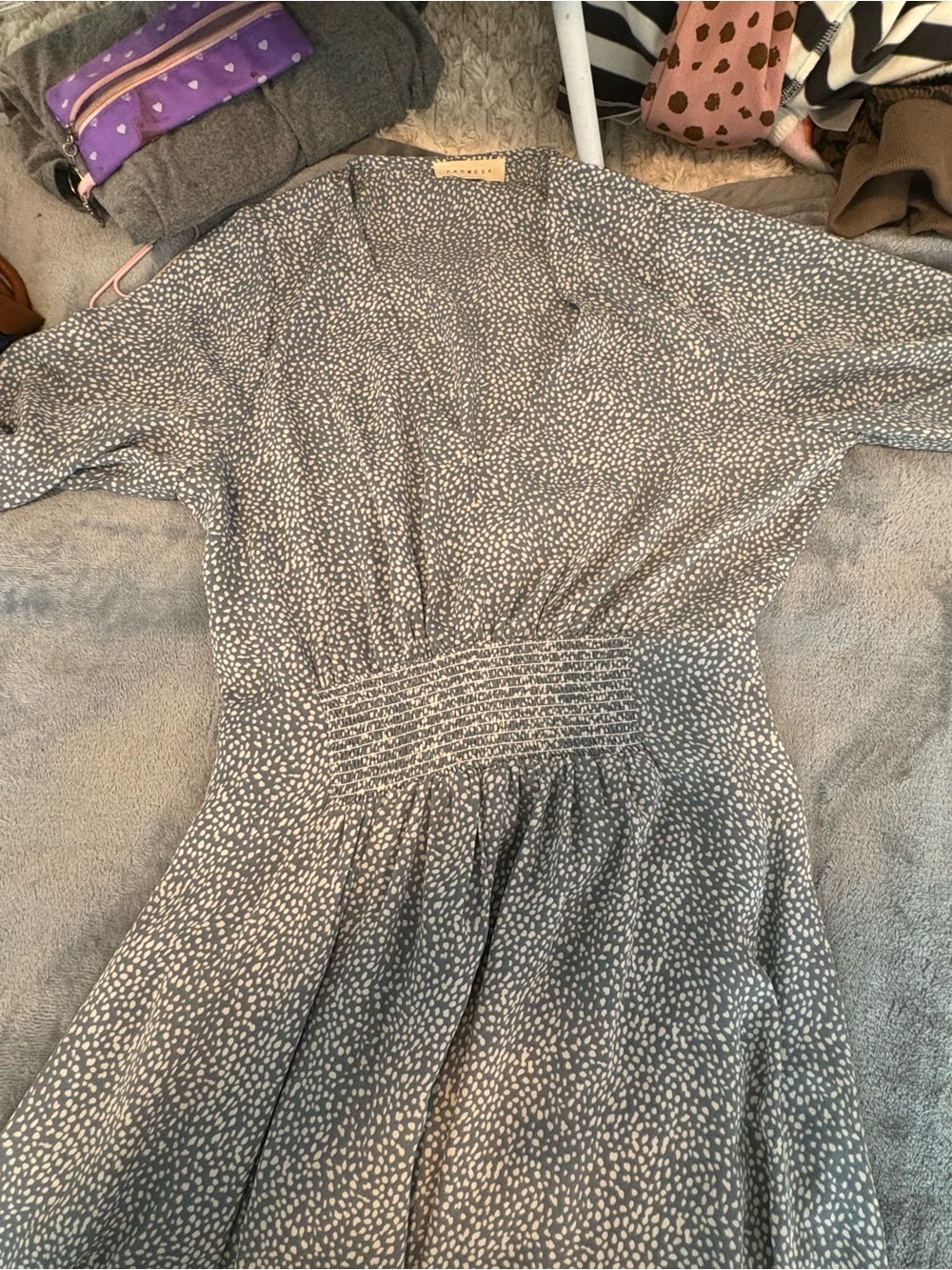 Promesa Grey Speckled Midi Dress with Smocked Waist